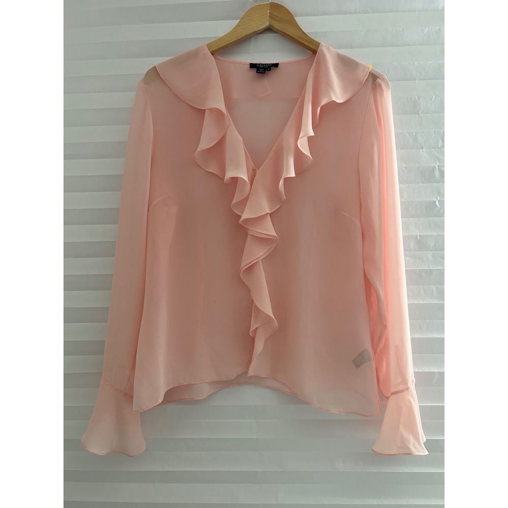 Chaps Womens Peach Pink Romantic Ruffle Chiffon Coquette Blouse Bell Sleeve 14